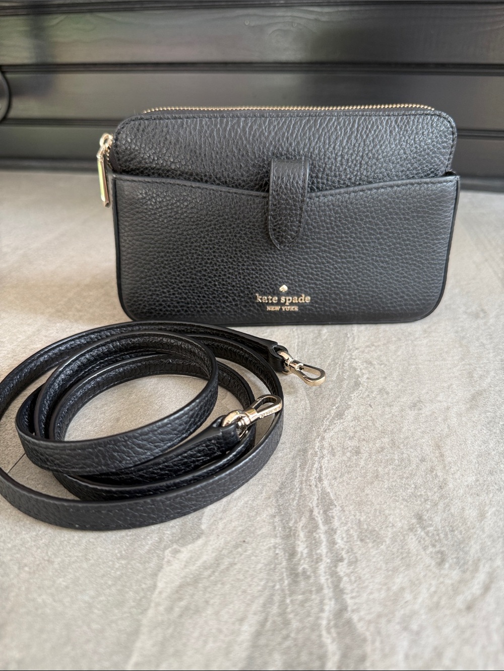 kate spade Black Pebbled Leather Crossbody Wallet with Strap